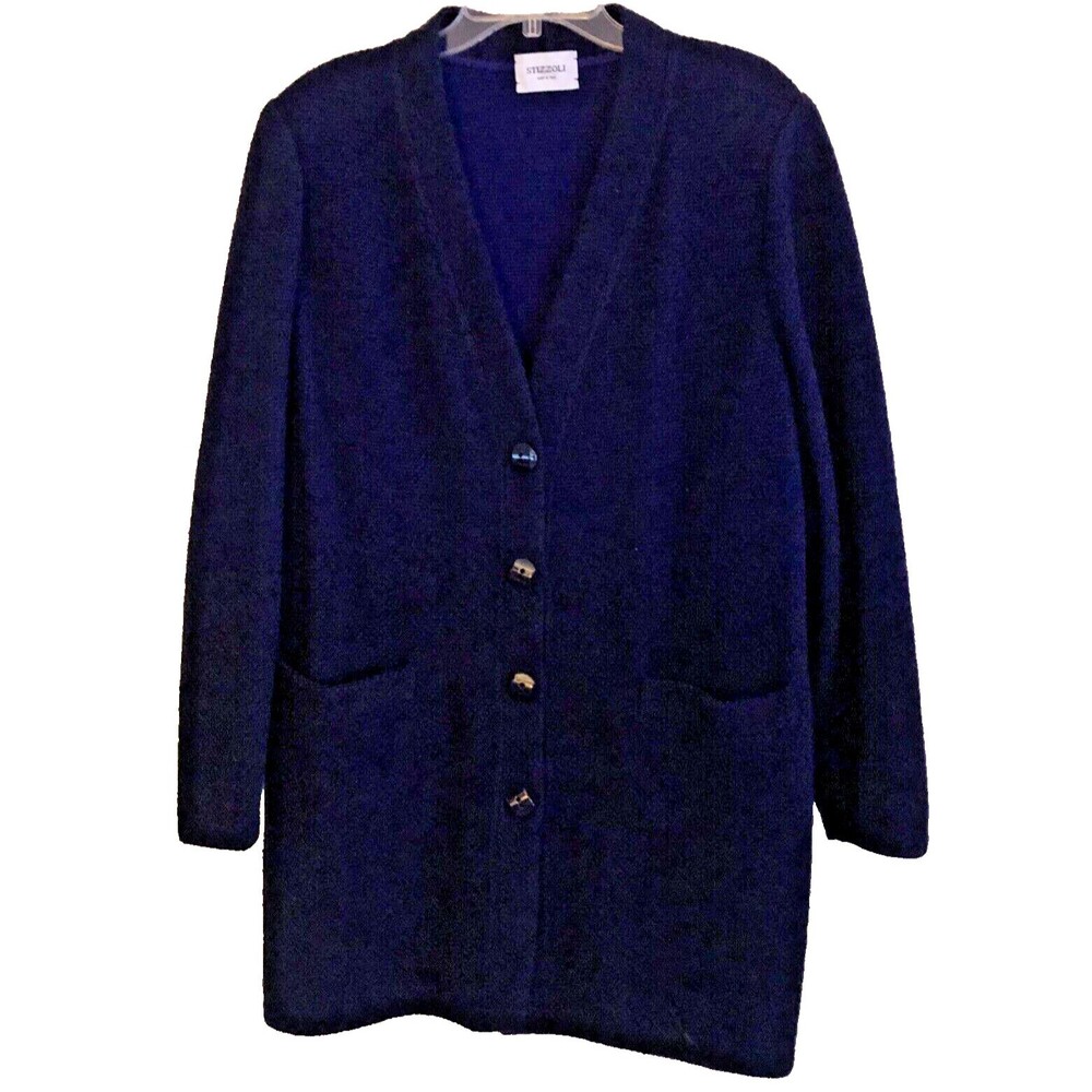 Stizzoli Wool Boucle Knit Oversized Cardigan Womens 18 Navy Sweater Jacket Italy - Picture 2 of 15